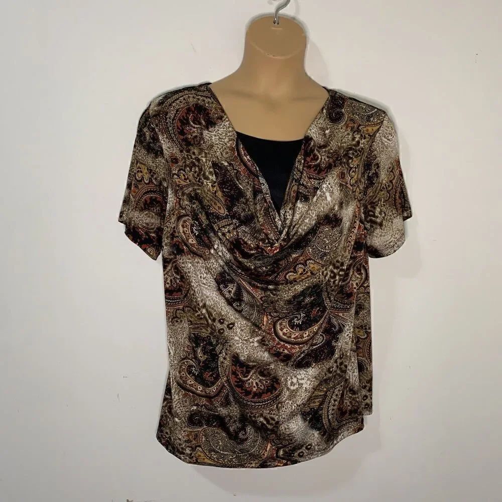 Brittany Black Women’s Brown Paisley Print Drape Neck Layered Look Top Blouse 2X